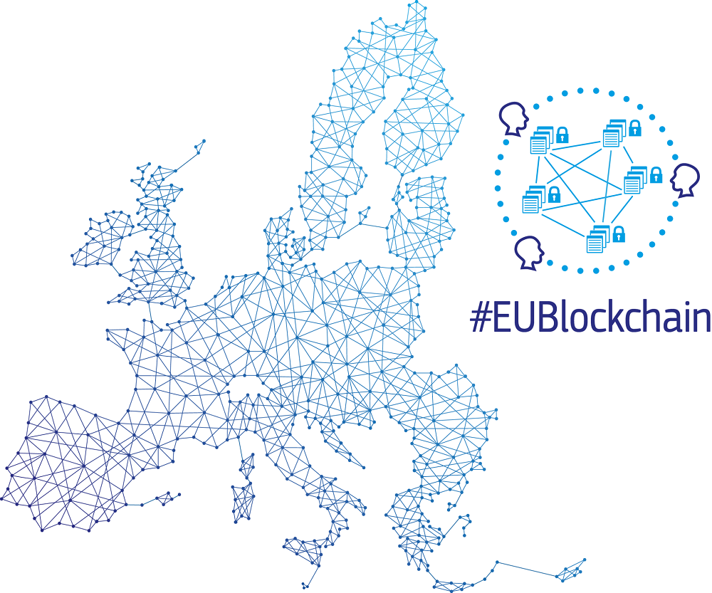Carte visualisant la blockchain en Europe avec le hashtag "EUBlockchain"