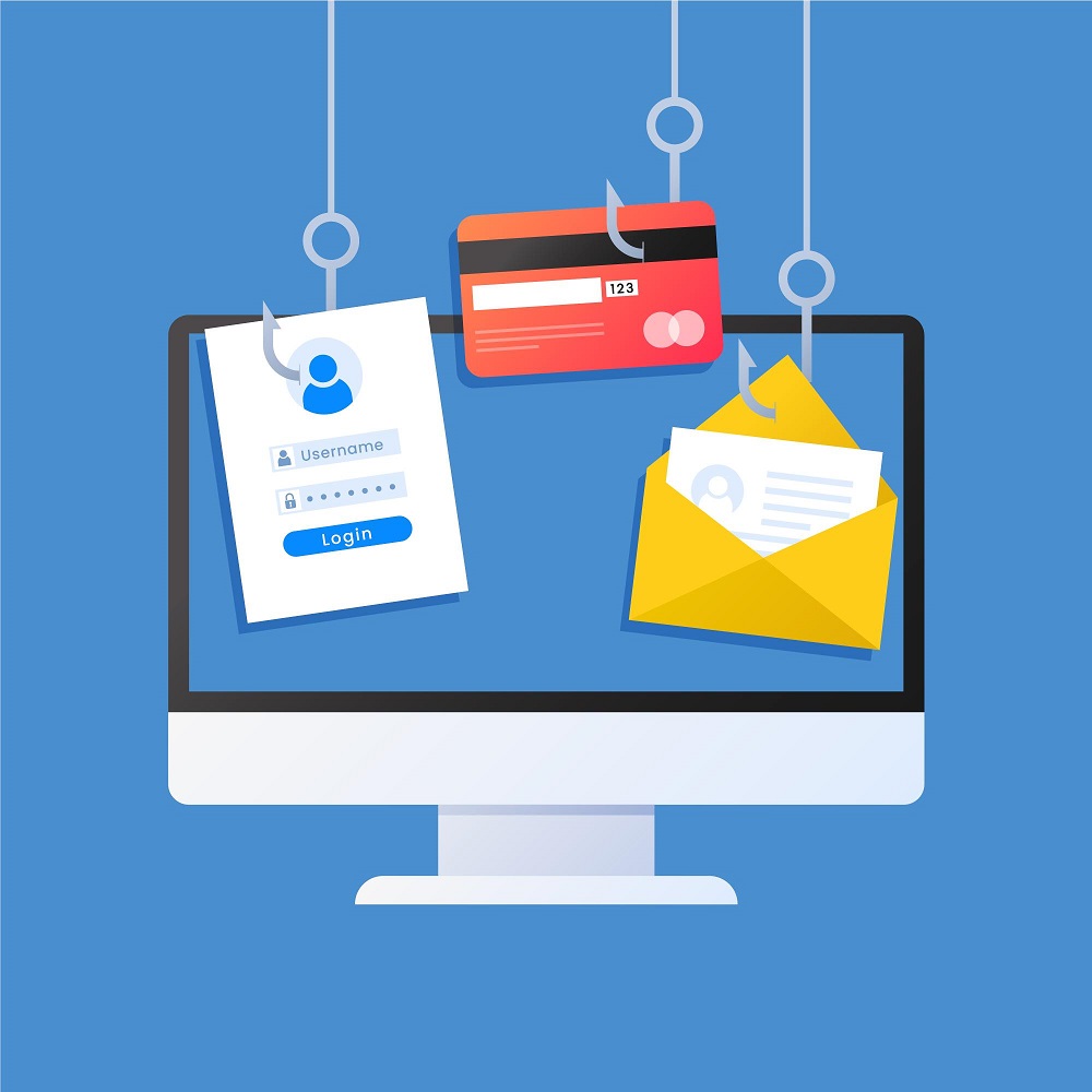  Illustration du concept de phishing: un email, une carte bancaire et un écran de connexion attachés à des hameçons