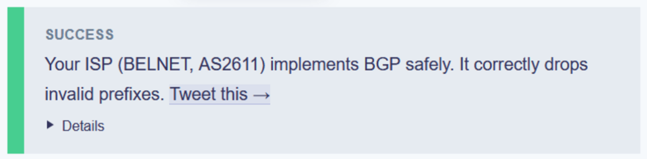 Screenshot met als melding 'Your ISP (Belnet, AS2611) implements BGP safely"