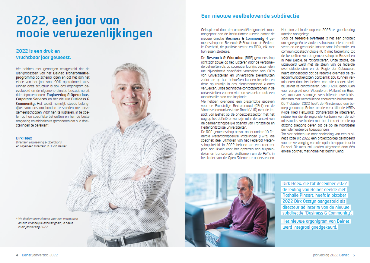 Deel van het interview met de directie met een foto van de directeur general en een foto van de directeur van business and community.