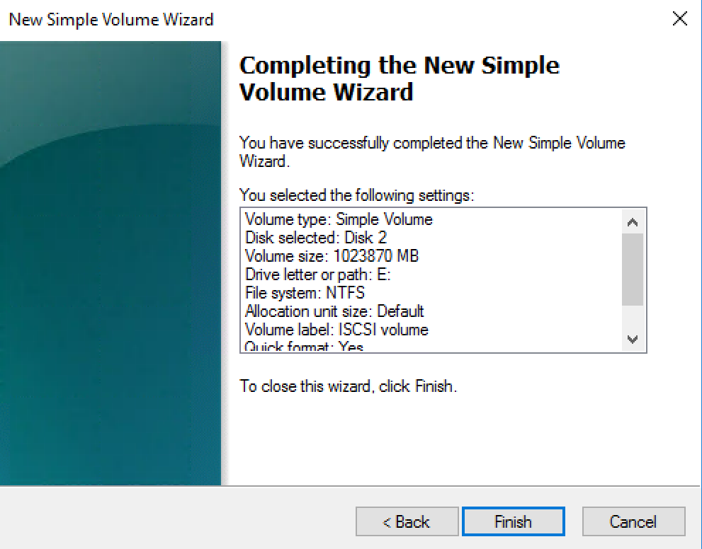 Completing the new simple volume wizard