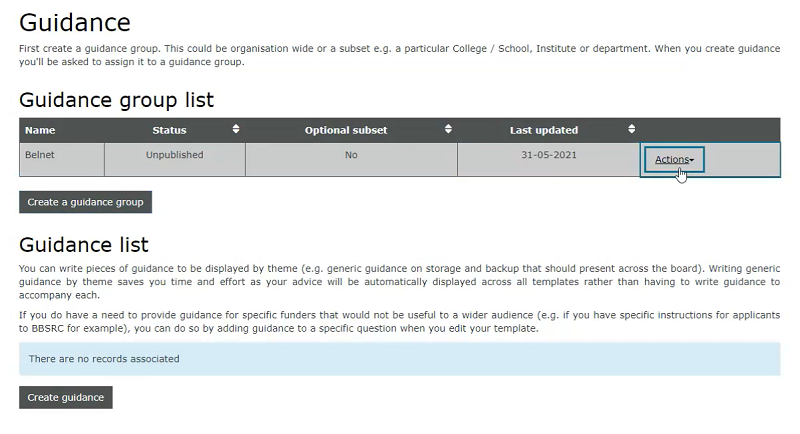 Guidance table