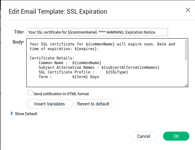 Screen: Edit Email Template: SSL Expiration 