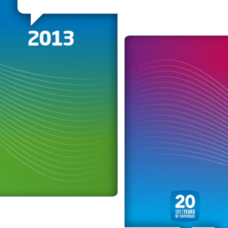 Cover of the 2013 annual report showing two vertical rectangles with gradient colors. At the top of the rectangle on the left is the number 2013, at the bottom of the right rectangle is the logo of the 20th anniversary of Belnet.