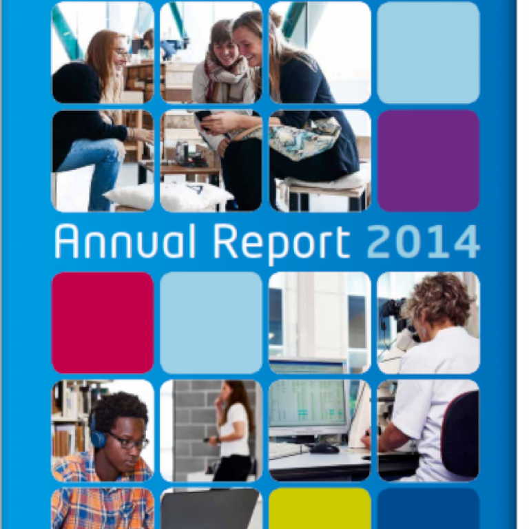 Cover of the 2014 annual report with students, researchers, busy working. The image is squared and some squares contain only color.