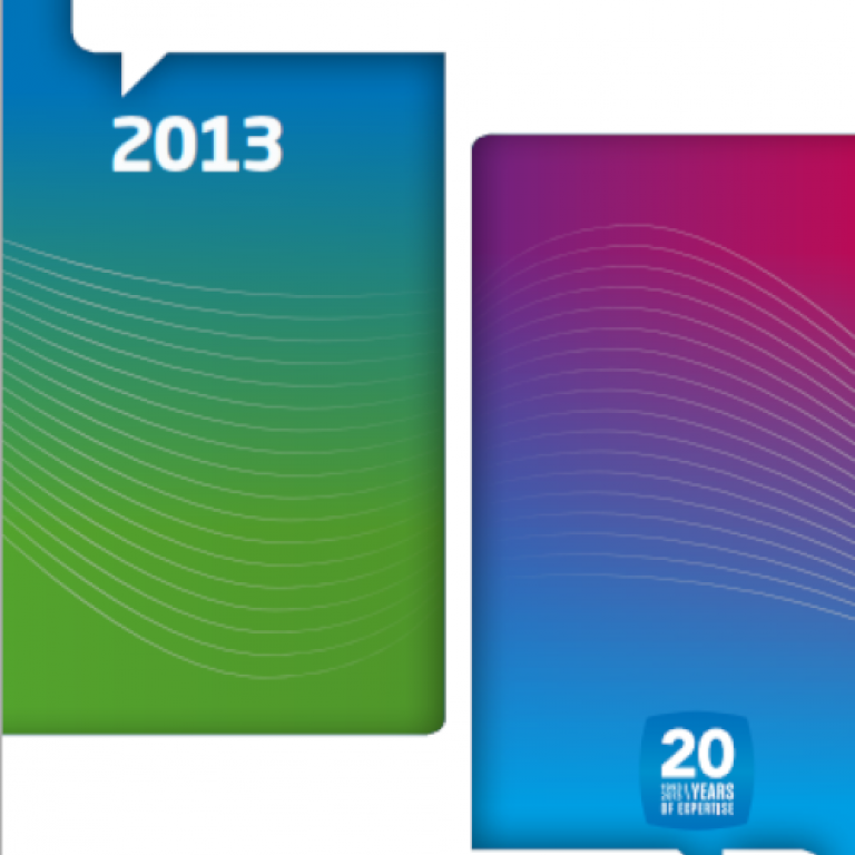 Cover van het jaarverslag 2013 met twee verticale rechthoeken met verloopkleuren. Aan de bovenkant van de rechthoek links staat het nummer 2013, onderaan de rechthoek rechts staat het logo van het 20 jarig bestaan van Belnet.