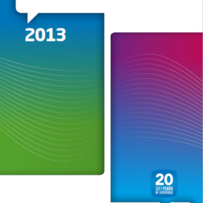 Couverture du rapport annuel 2013 représentant deux rectangles verticaux aux couleurs dégradées. En haut du rectangle de gauche se trouve le nombre 2013, au bas de la colonne de droite se trouve le logo du 20ème anniversaire de Belnet.