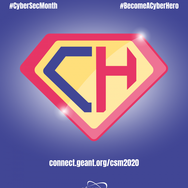 Image de la campagne pour le GÉANT Cyber Security Month: vignette représentant un diamant dans lequel se trouvent les lettres CH (abréviation de "Cyber Hero")