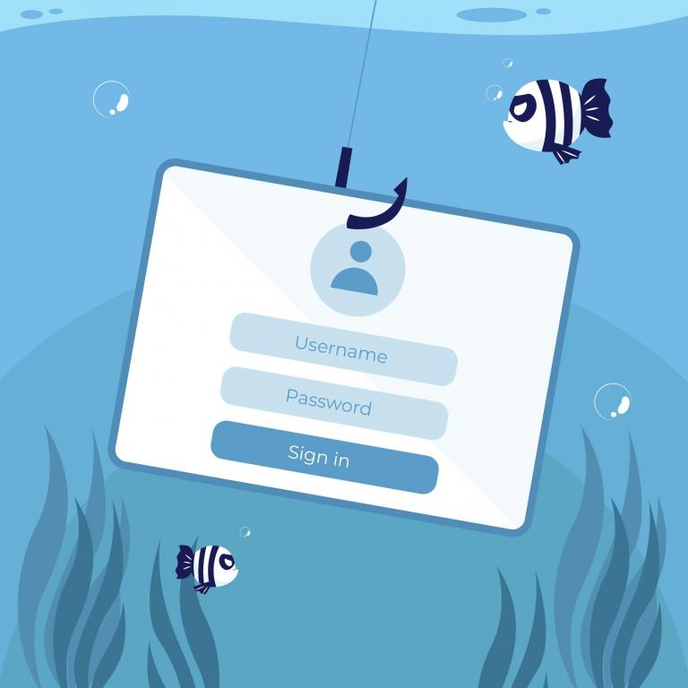 illustration of the phishing concept: a login screen attached to a hook