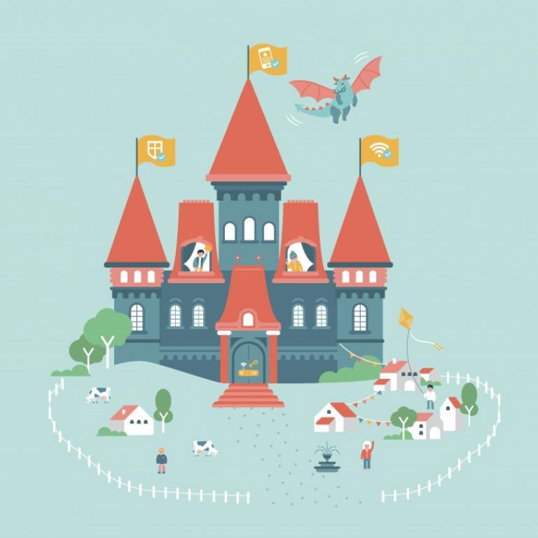 Kasteel met rode torens en gele vlaggen, symbool voor de 'home office'