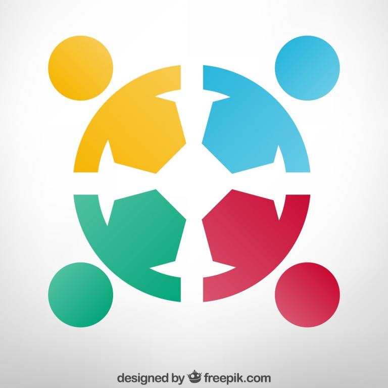 Symbole de coopération, illustration composée de 4 personnes de couleur qui forment ensemble un cercle