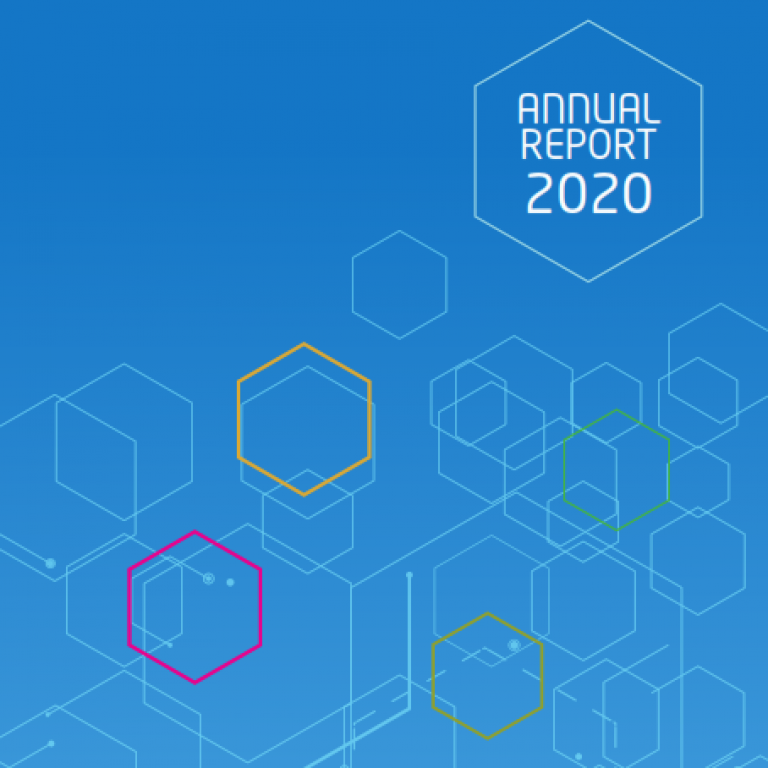  Cover of the 2020 annual report. Blue background with coloured hexagons.