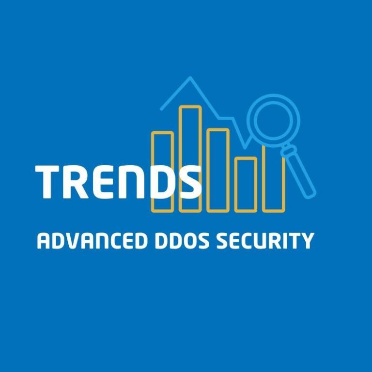 Image representing the evolution, the trend, with yellow columns, a curve above the columns and a magnifying glass. Trends Advanced DDoS Security is written on the image.