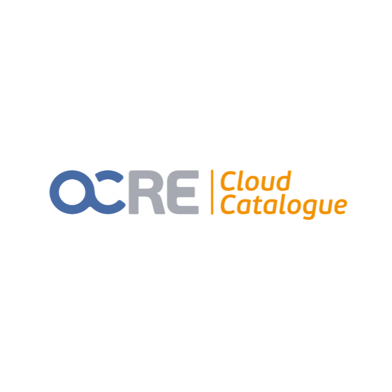Ocre cloud catalogue logo. Ocre wordt geschreven in hoofdletters met 2 letters in blauw en 2 letters in grijs. Rechts van ocre staat een oranje balk en rechts van de balk staat in het oranje cloud catalogue.
