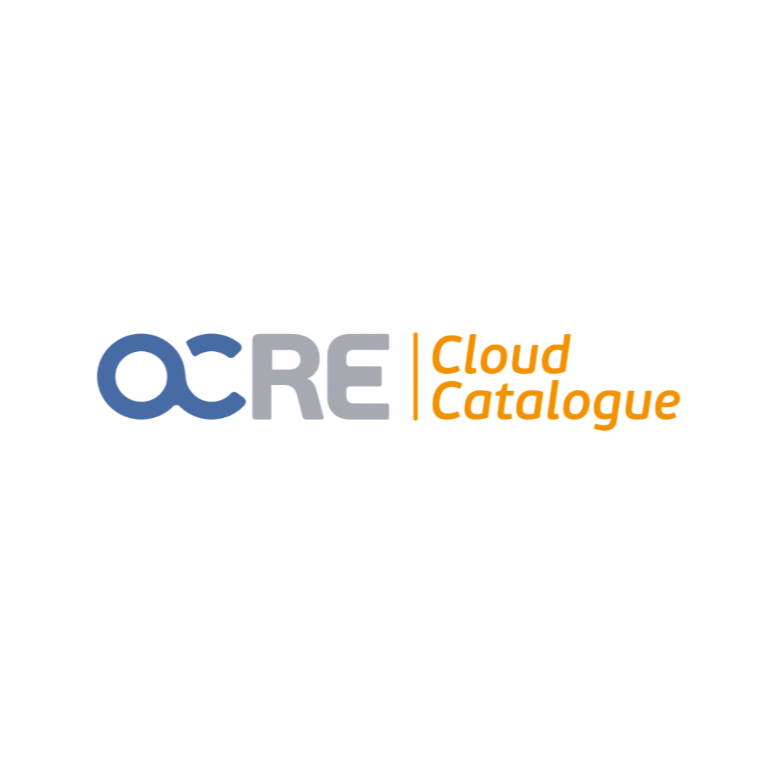 Logo de ocre cloud catalogue. Ocre est écrit en majuscules avec 2 lettres en bleu et 2 lettres en gris. A droite de ocre il y a une barre orange et à droite de la barre il est écrit en orange cloud catalogue.