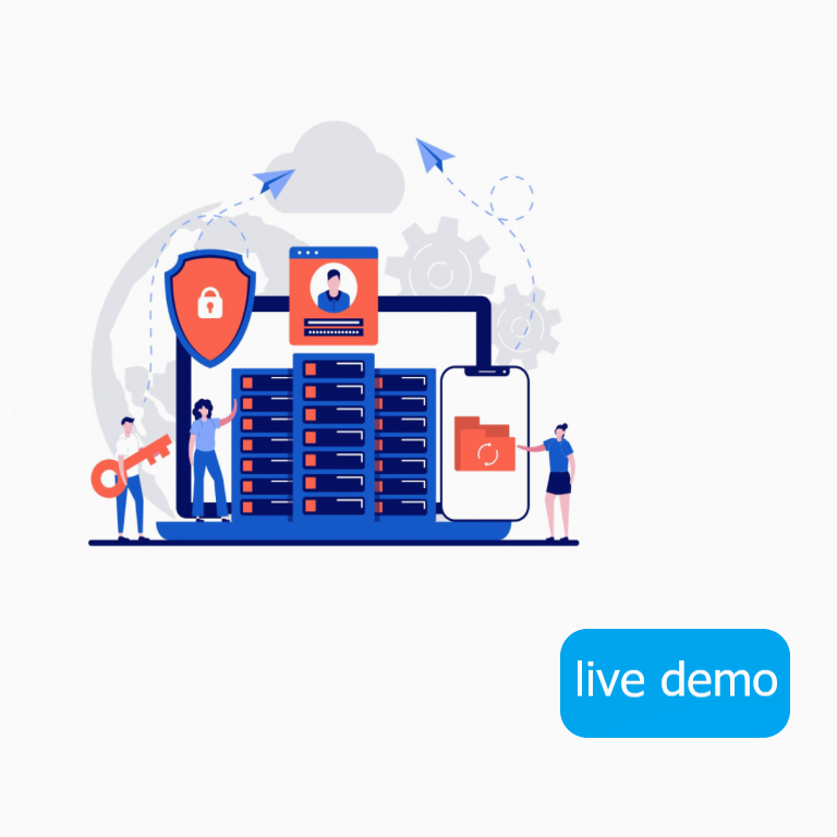 Afbeelding met verschillende elementen zoals een opslagruimte, een smartphone en een schild. Er zijn ook 3 personages, 2 vrouwen en een man. De man houdt een sleutel vast. Rechtsonder in beeld staat ook een blauwe rechthoek met de woorden live demo.