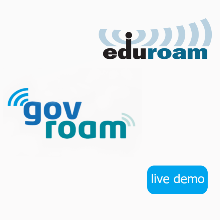 Afbeelding met 2 logo's, het eduroam-logo rechtsboven en het govroam-logo linksonder. In de rechterbenedenhoek van de afbeelding staat ook een blauwe rechthoek met de woorden live demo.